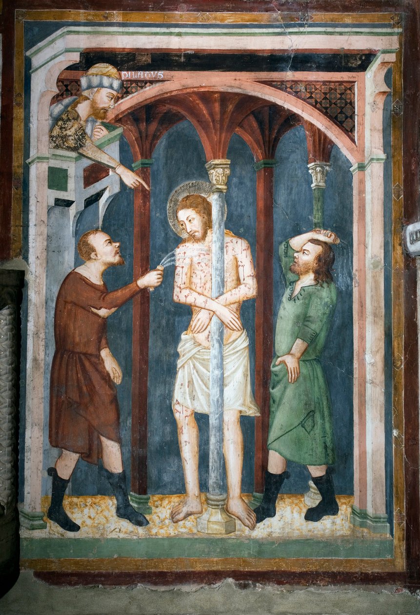 Den pryglada fresken av skolan i Siena. 1300-talet. Överlägsen kyrka. Klostret Saint Benedetto av Sienese School