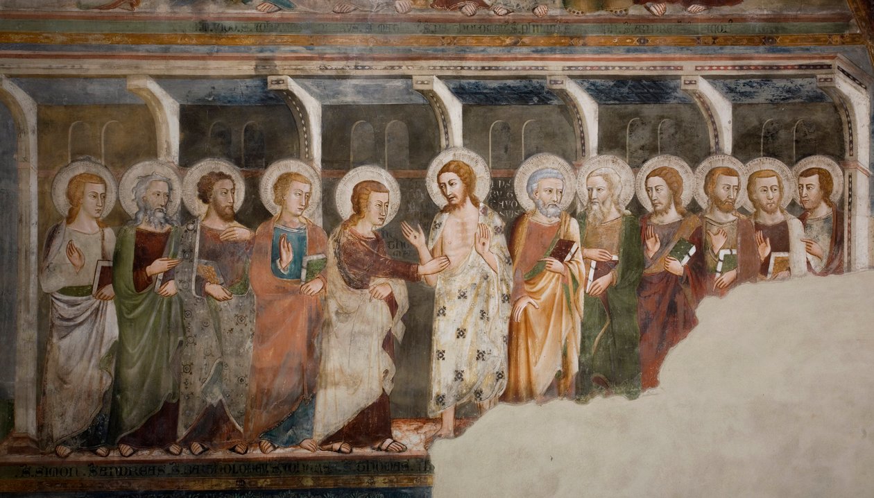 Den incredulite av aposteln Thomas Fresco från skolan i Siena. 1300-talet. Överlägsen kyrka. Klostret Saint Benedetto (Sacro Speco), Subiaco (Rom), Italien av Sienese School