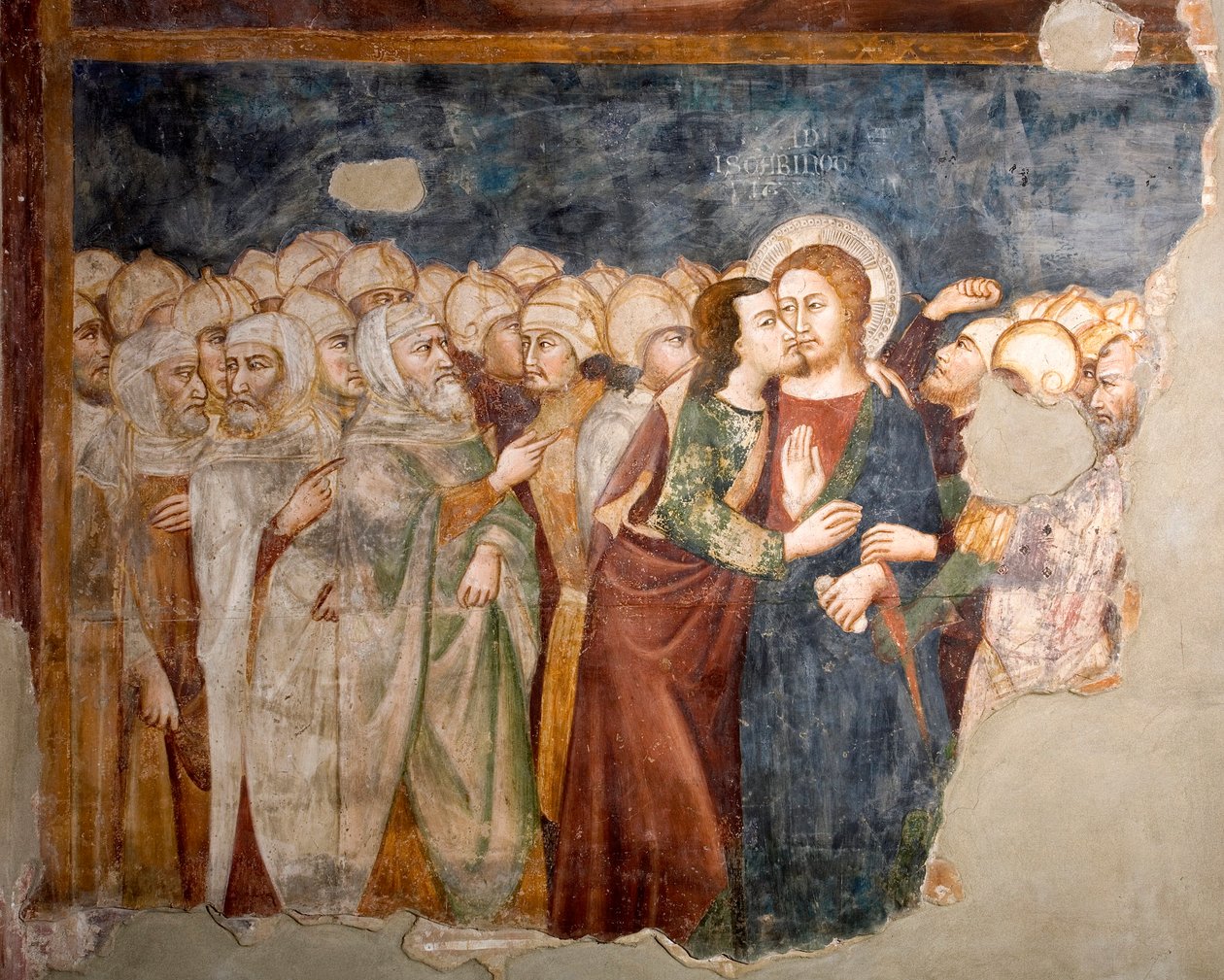 Kyssen av Judas Fresco från skolan i Siena. 1300-talet. Överlägsen kyrka. Klostret Saint Benedetto (Sacro Speco), Subiaco (Rom), Italien av Sienese School
