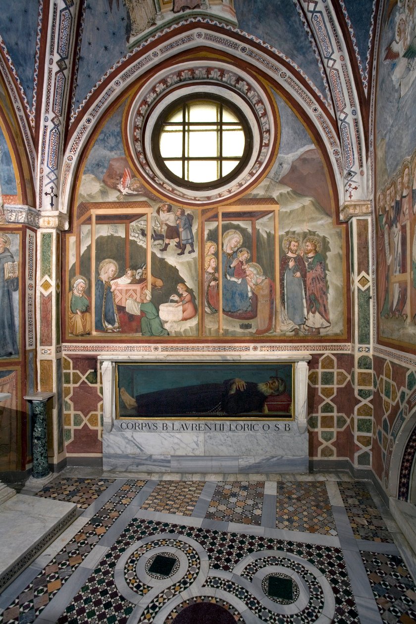 Födelsekomsten och tillbedjan av Magi Fresco School of Siena. 1300-talet. Jungfrukapell. Klostret Saint Benedetto (Sacro Speco), Subiaco (Rom), Italien av Sienese School