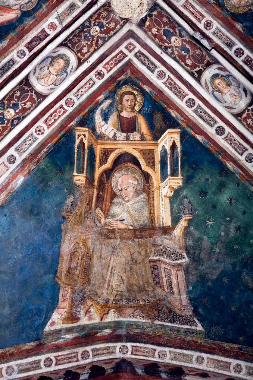 Utsikt över detaljerna i en fresk som dekorerar ett av övre kyrkans valv som representerar den romerska kyrkans fyra läkare: Sankt Ambrosius av Milano och evangelisten Sankt Markus. gjord av skolan i Siena från början av 1300-talet. Monas av Sienese School