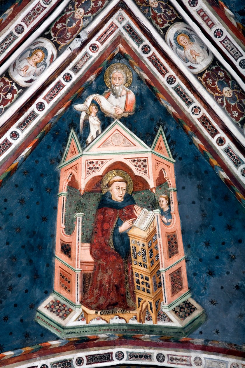 Vy över detaljerna i en fresk som dekorerar ett av övre kyrkans valv som representerar de fyra läkarna i den romerska kyrkan: St. Gregoire I den store och evangelisten Saint Mathieu av Sienese School