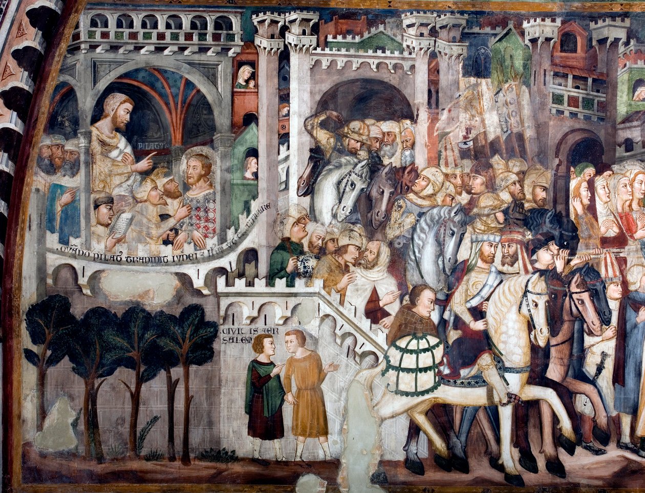 Vy över detaljen av en fresk som dekorerar den övre kyrkan som föreställer Montee på Golgata: till vänster Jesus framför Pontius Pilatus. Realiserad av skolan i Siena från början av 1300-talet. Klostret Saint Benedetto (Sacro Speco), Su av Sienese School