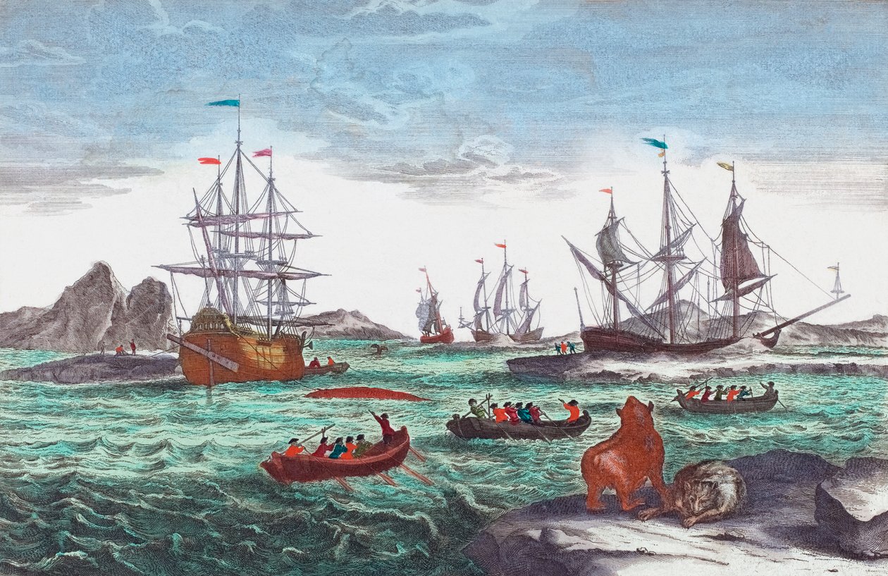 Valfångstflotta utanför Grönland på 1700-talet (gravyr) av Sieuwert van der Meulen