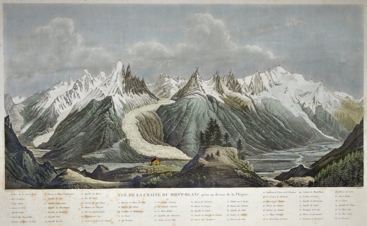 Utsikt över Mont Blanc-massivet (Mont Blanc) - UTSIKT ÖVER CHAINE DU MONT BLANC tagen ovanför FLEGERE AV SIGISMOND HIMELY 1801-1872 - av Sigismond Himely