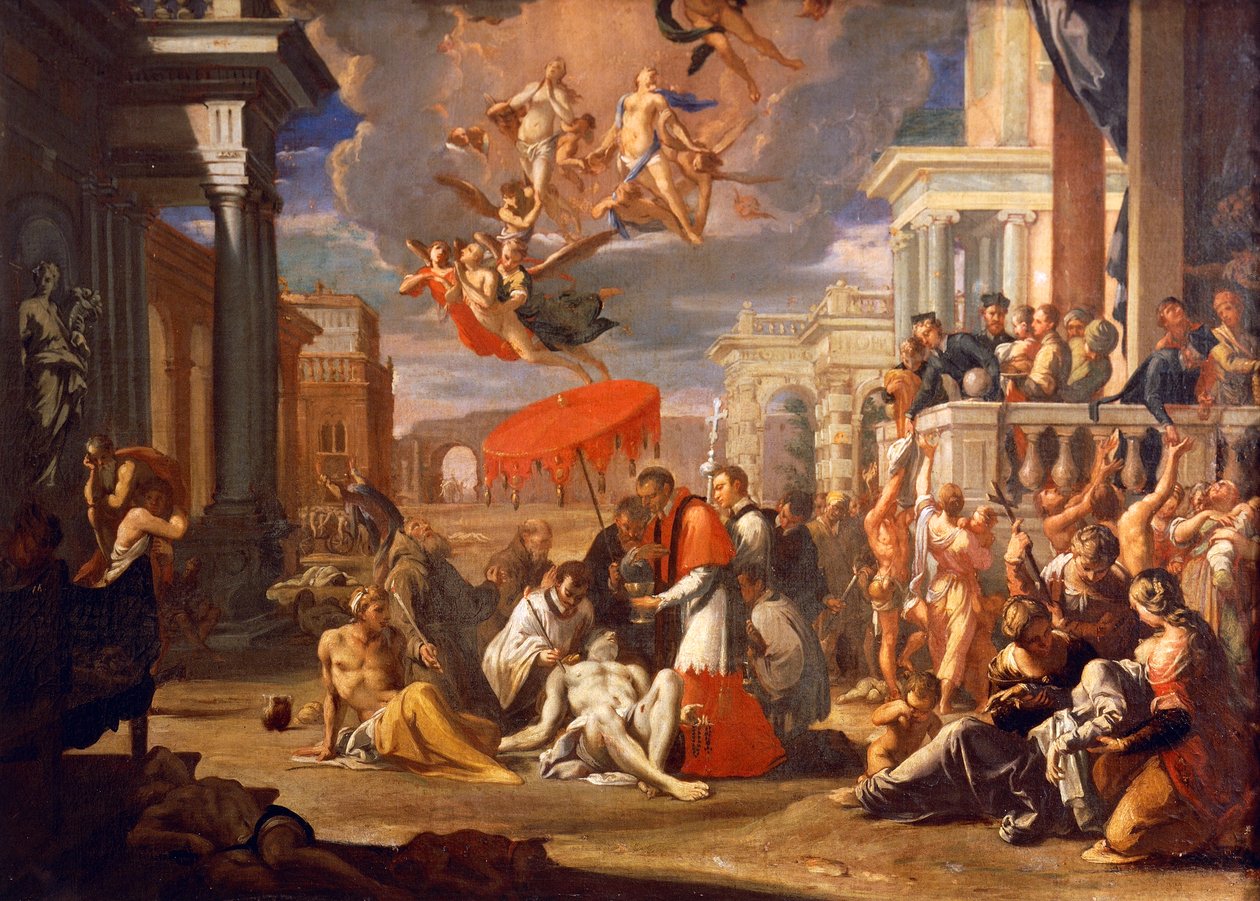 Den helige Charles Borromero administrerar nattvarden åt plåga offren 1576, av Sigismund Caula (1637-1713), olja på duk, 97x147 cm av Sigismondo Caula