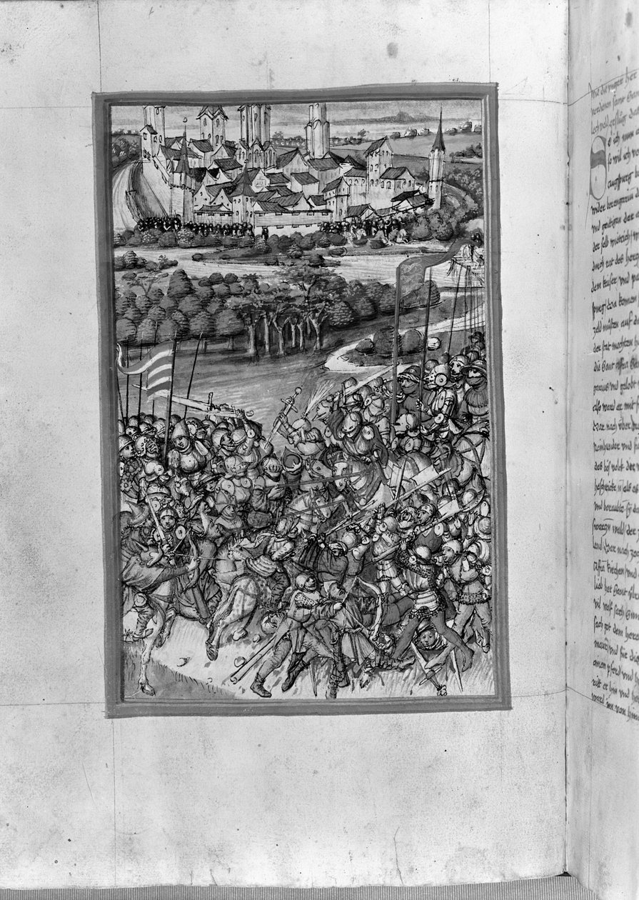 HB V 52 fol. 70v Illustration av slaget vid Lechfeld, från Augsburgskrönikan, 1457 av Sigismund Meisterlin