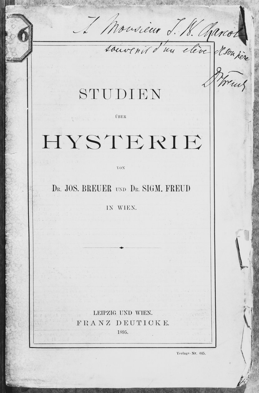 Framsidan av "Studien uber Hysterie" av Josef Breuer (1842-1925) och Freud, tillägnad Jean Charcot (1867-1936) Leipzig och Wien, utgiven av Franz Deuticke, 1895 av Sigmund Freud
