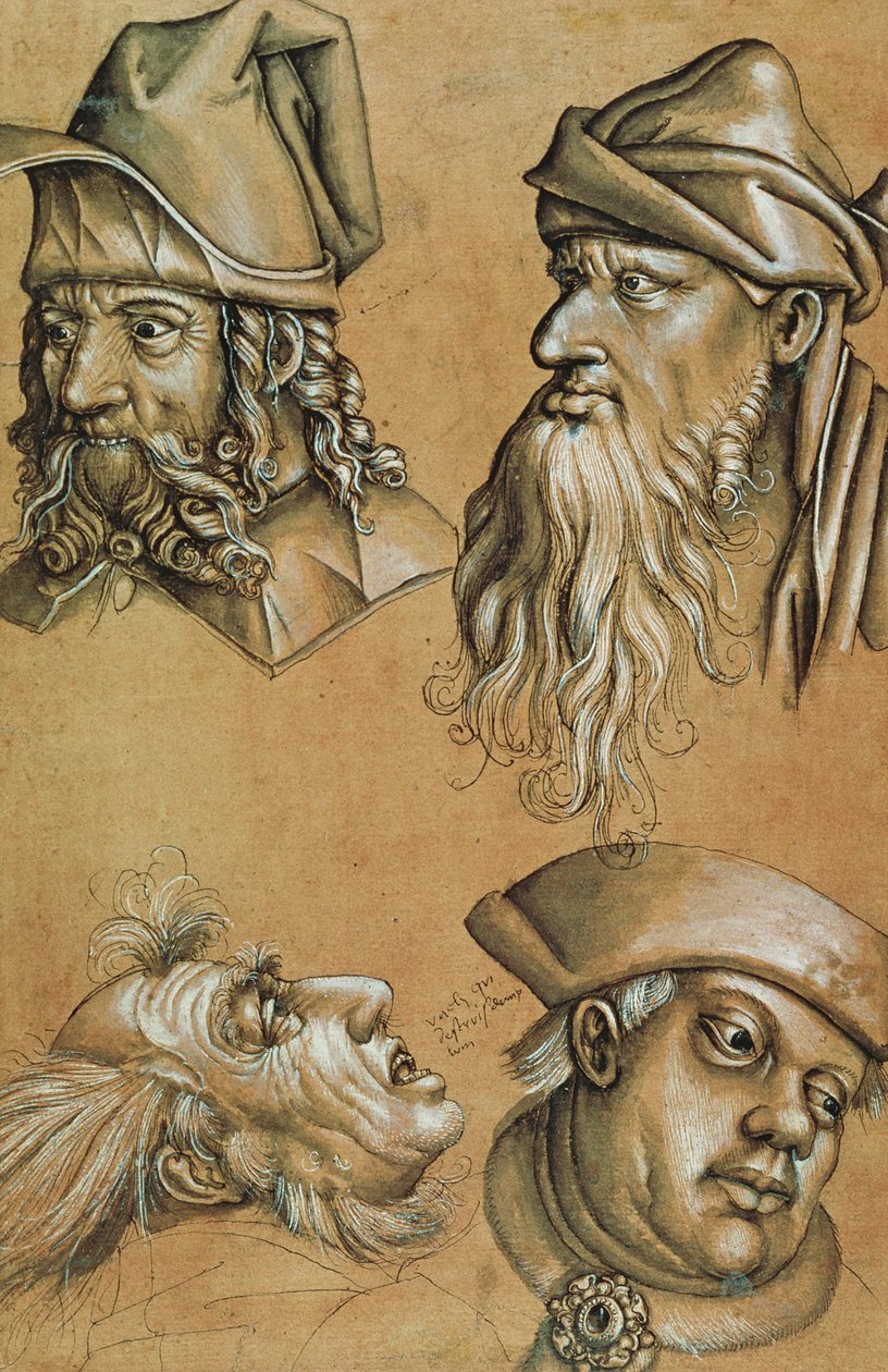 Studies of Four Heads for a Passion Series (penna & bläck, tvätt och kroppsfärg på papper) av Sigmund Holbein