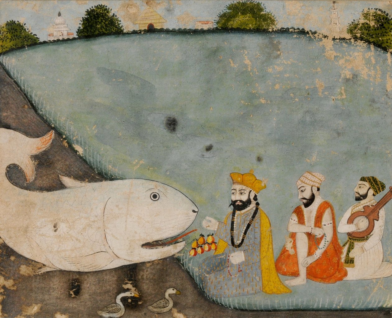 Guru Nanak med Bala, Mardana och den stora fisken (Vishnu i Matsyavatara) av Sikh School
