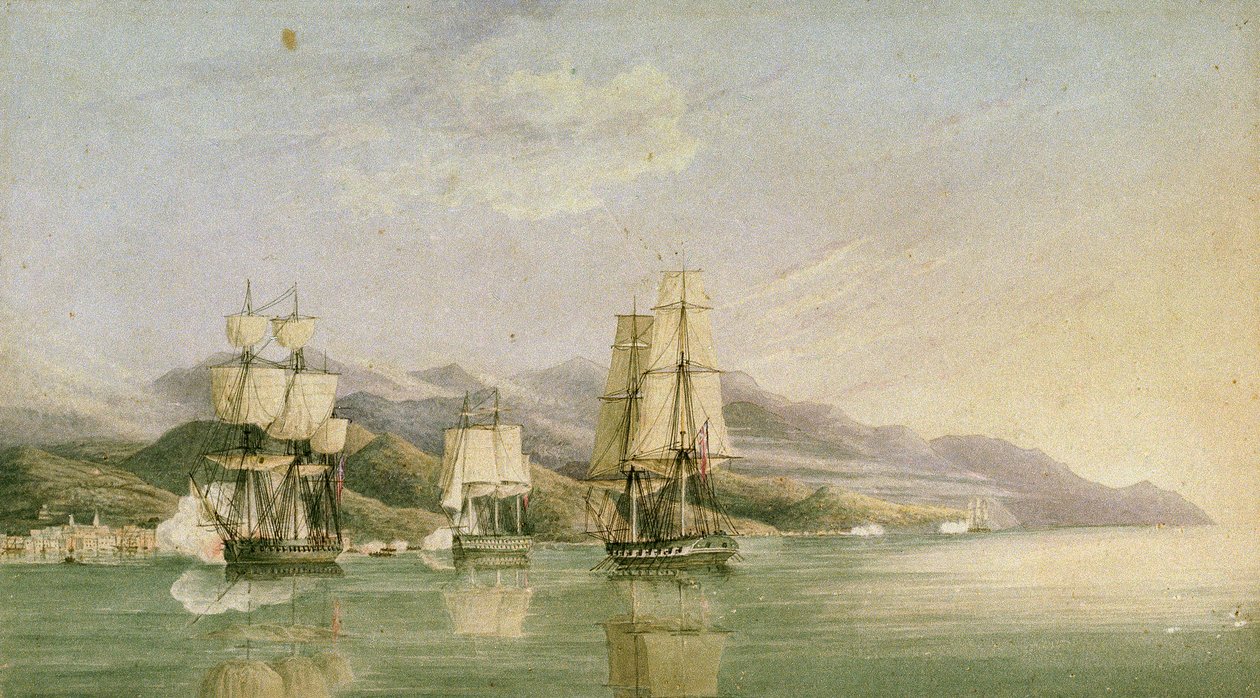 Attack mot konvoj med arton franska handelsfartyg vid Laigrelia och Alassio, 27 juni 1812, början av 1800-talet (penna, bläck, grafit, akvarell) av Silas Thomson (attr.to) Hood
