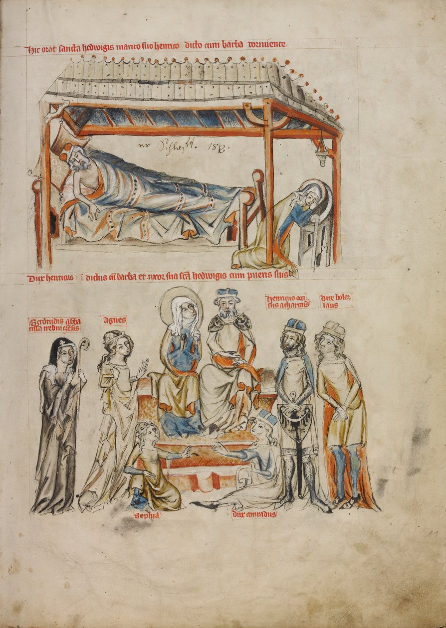 Heinrich Sleeping och Saint Hedwig ber; Heinrich och Saint Hedwig med sina barn, 1353 (Temperafärger, färgade tvättar och bläck på pergament) av Silesian School Silesian School