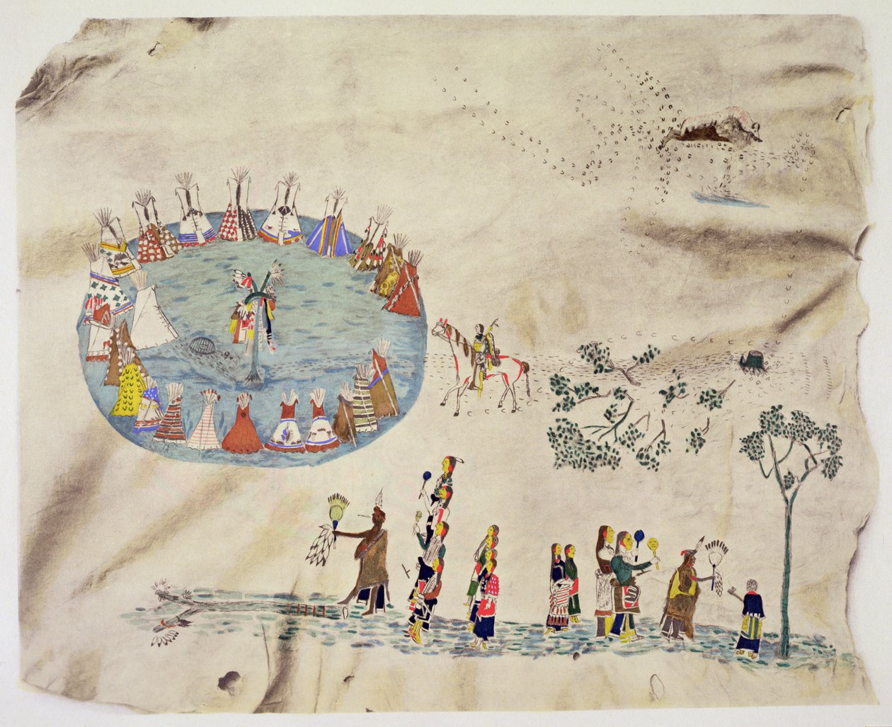 Shoshone Sun Dance (pigment på hjortskinn) av Silver  Horn