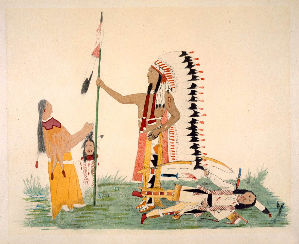 Comanche och hans fru möter och slåss med en Ute, från en serie legendariska avsnitt målade av konstnären (pigment på hjortskinn) av Silver Horn