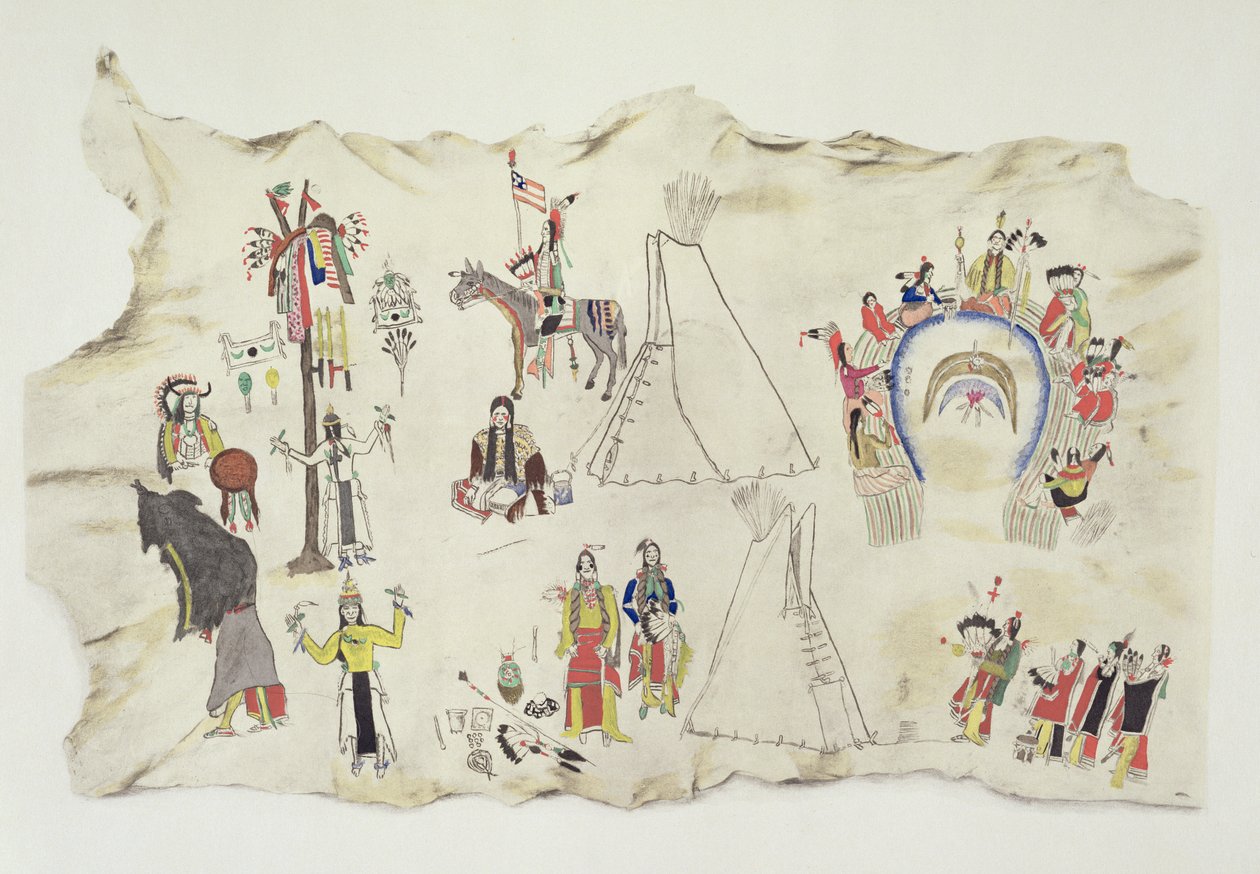 Shoshone Sun Dance och Peyote Cult (pigment på hjortskinn) av Silver Horn