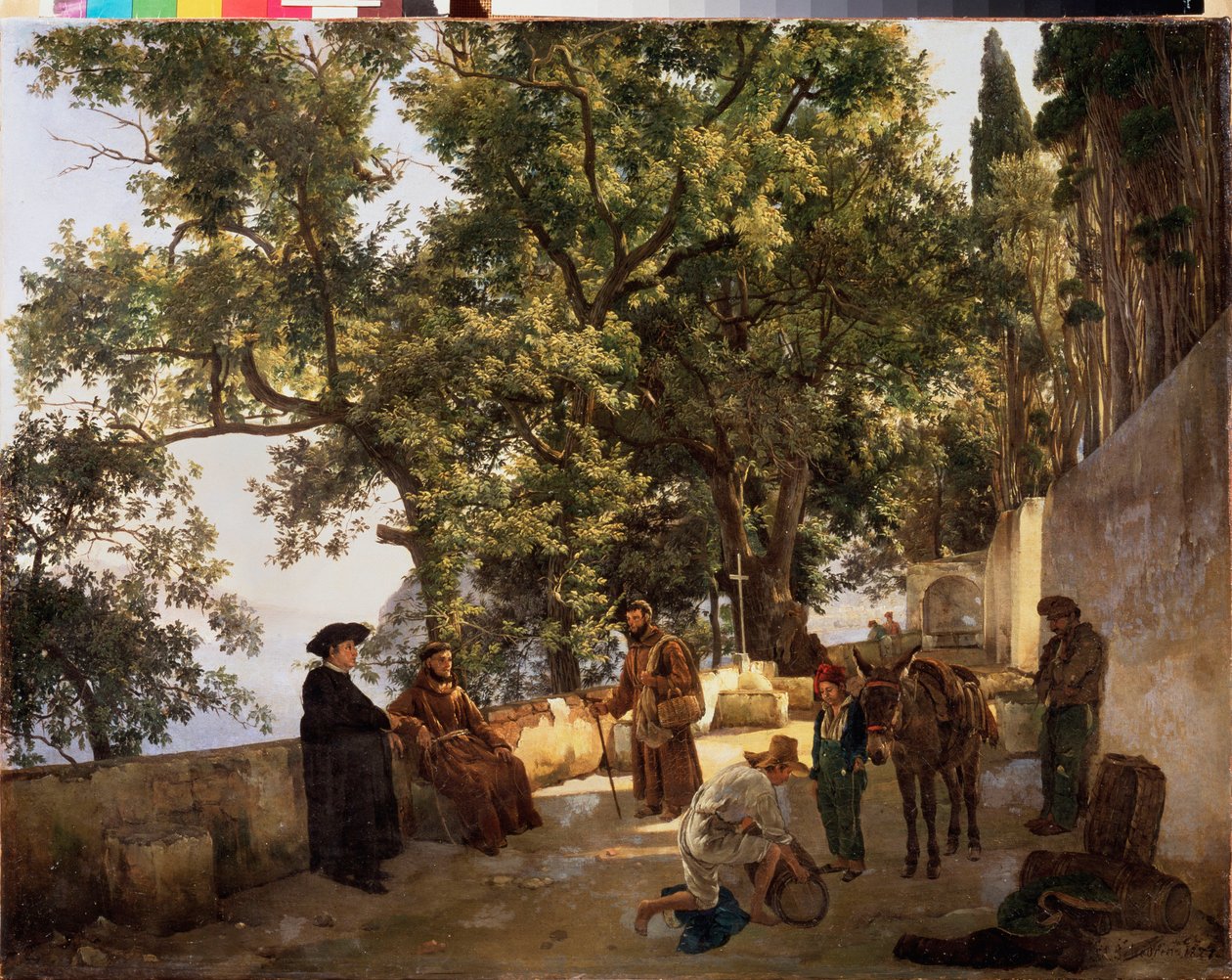En terrass på stranden, nära Sorrento (Sorrento, Italien) (Kapuchinmunkar i samtal och en man laddar sin åsna med små tunnor) - En terrass på en strand, Cappuccini nära Sorrento - Målning av Sylvester Feodosiyevich Shchedrin (Sylv av Silvestr Fedosievich Shchedrin