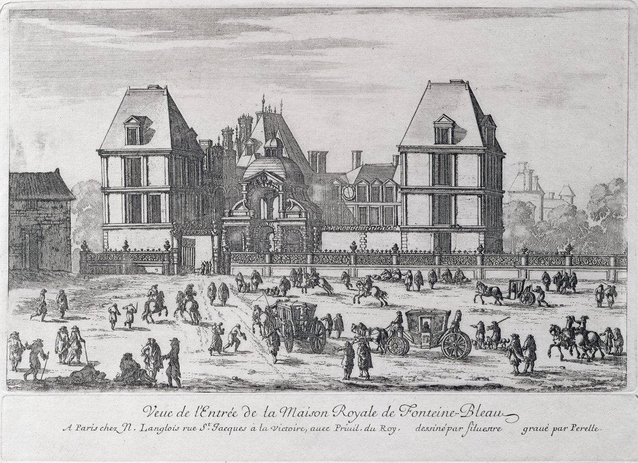 Ingången till det kungliga slottet i Fontainebleau, graverad av Nicolas (1631-c.93) eller Adam (1638-95) Perelle, utgiven av Nicholas Langlois. av Silvestre