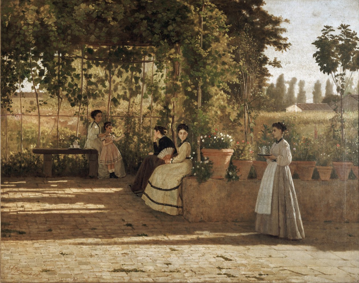 En after noon (pergolan) (olja på duk av Silvestro Lega
