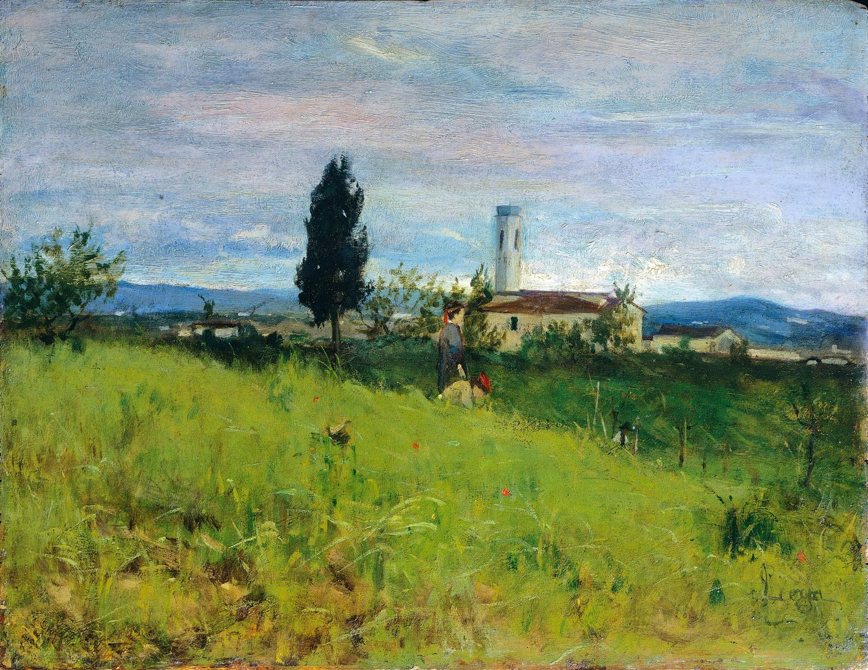 Kyrka på landet, av Silvestro Lega (1826-1895), olja på panel, 29x38 cm av Silvestro Lega