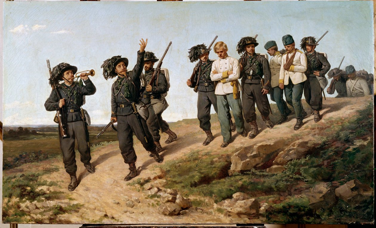 Avsnitt av den italienska kampanjen 1859: "" Österrikiska krigsfångar omgivna av bersaglier (bersaglieri)"" Målning av Silvestro Lega (1826-1895) 1861 Sön. 57,5 x 95 cm Florens, Galleria d