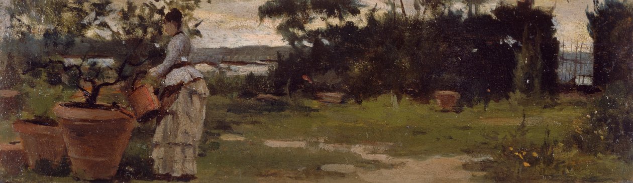 Garden at Bellariva, cirka 1884, av Silvestro Lega (1826-1895), olja på panel, 7x23,5 cm av Silvestro Lega