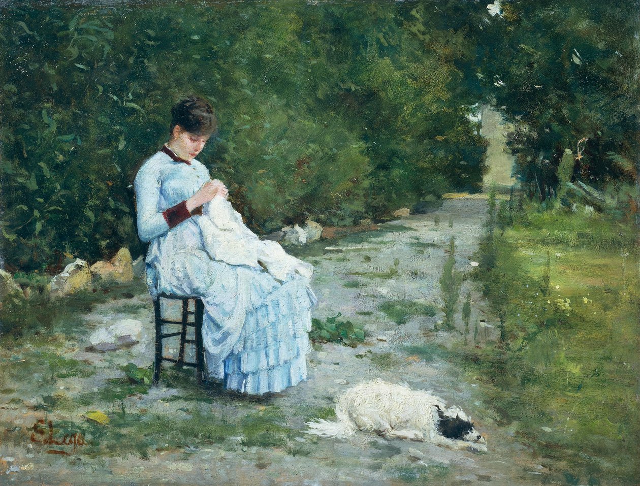 I trädgården, av Silvestro Lega (1826-1895), olja på panel, 29x38 cm av Silvestro Lega
