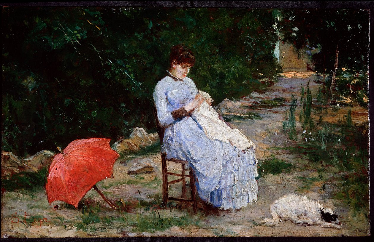 I trädgården - olja på duk av Silvestro Lega