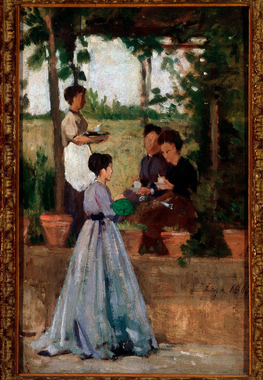 Italienska damer som dricker kaffe under pergolan - olja på duk av Silvestro Lega