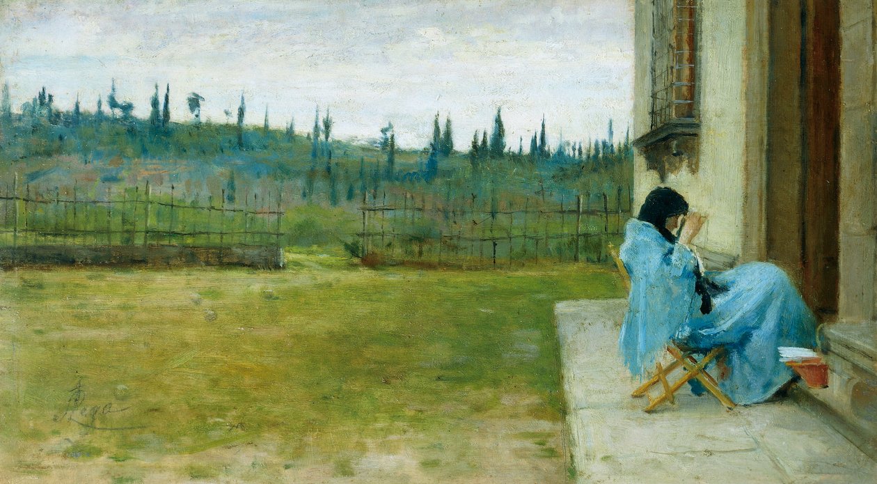 Lady at work, av Silvestro Lega (1826-1895), olja på duk, 22x40 cm av Silvestro Lega