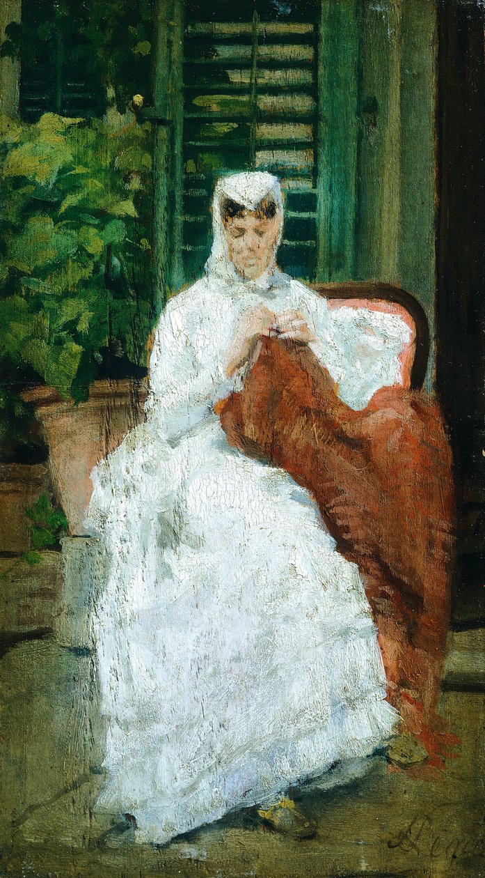 Damsömnad, av Silvestro Lega (1826-1895), Olja på panel, 27,5x15,5 cm av Silvestro Lega