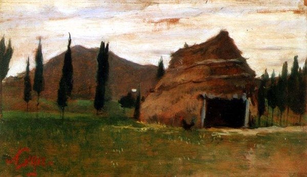 Landskap med halmtak av Silvestro Lega