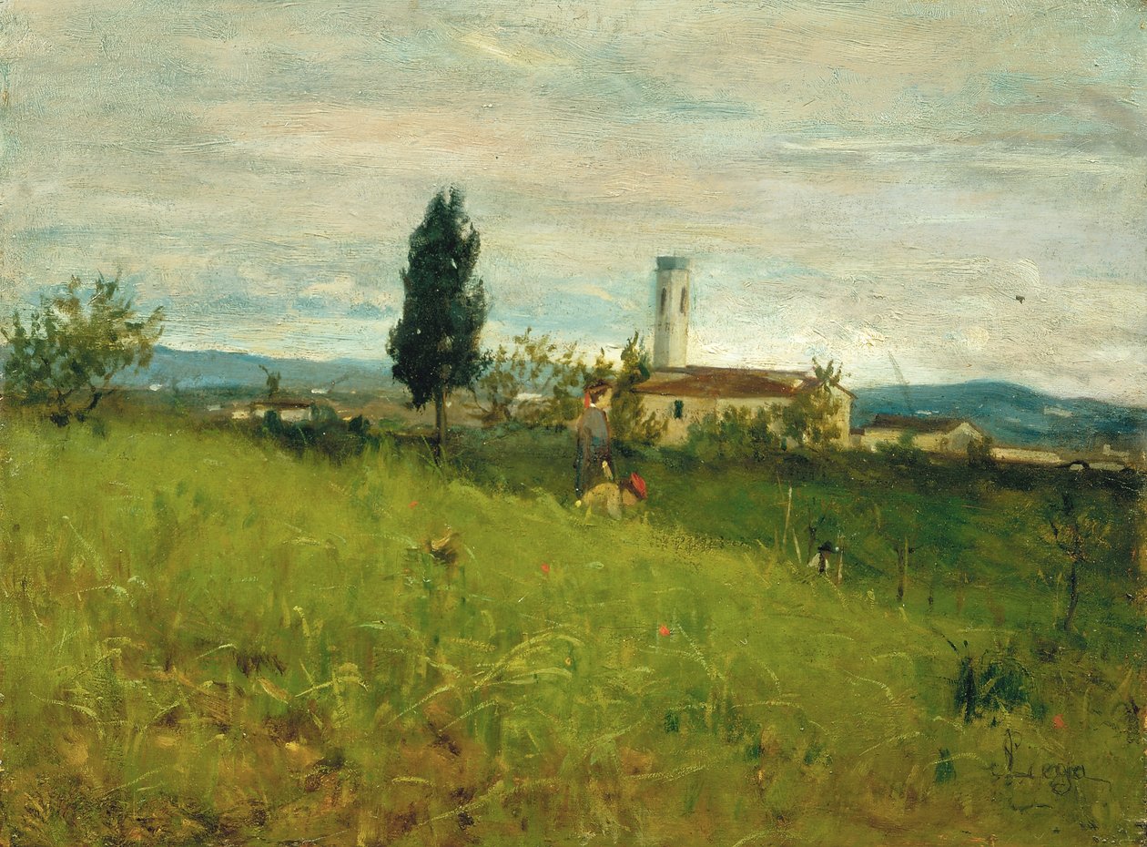 Liten kyrka på landsbygden, ca 1877 (olja på pannå) av Silvestro Lega