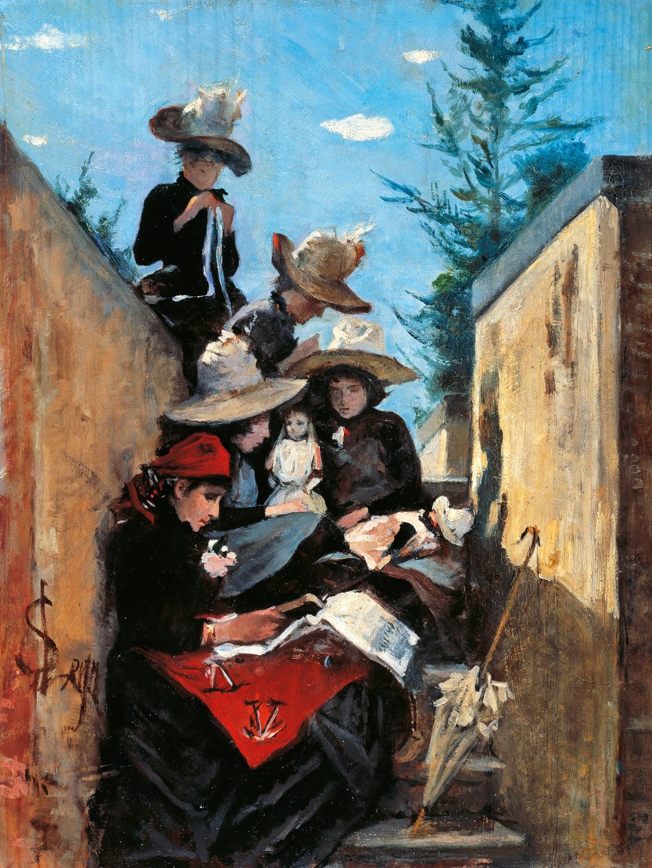 Fru Clementina Fiorini med sina döttrar i Poggio Piano av Silvestro Lega
