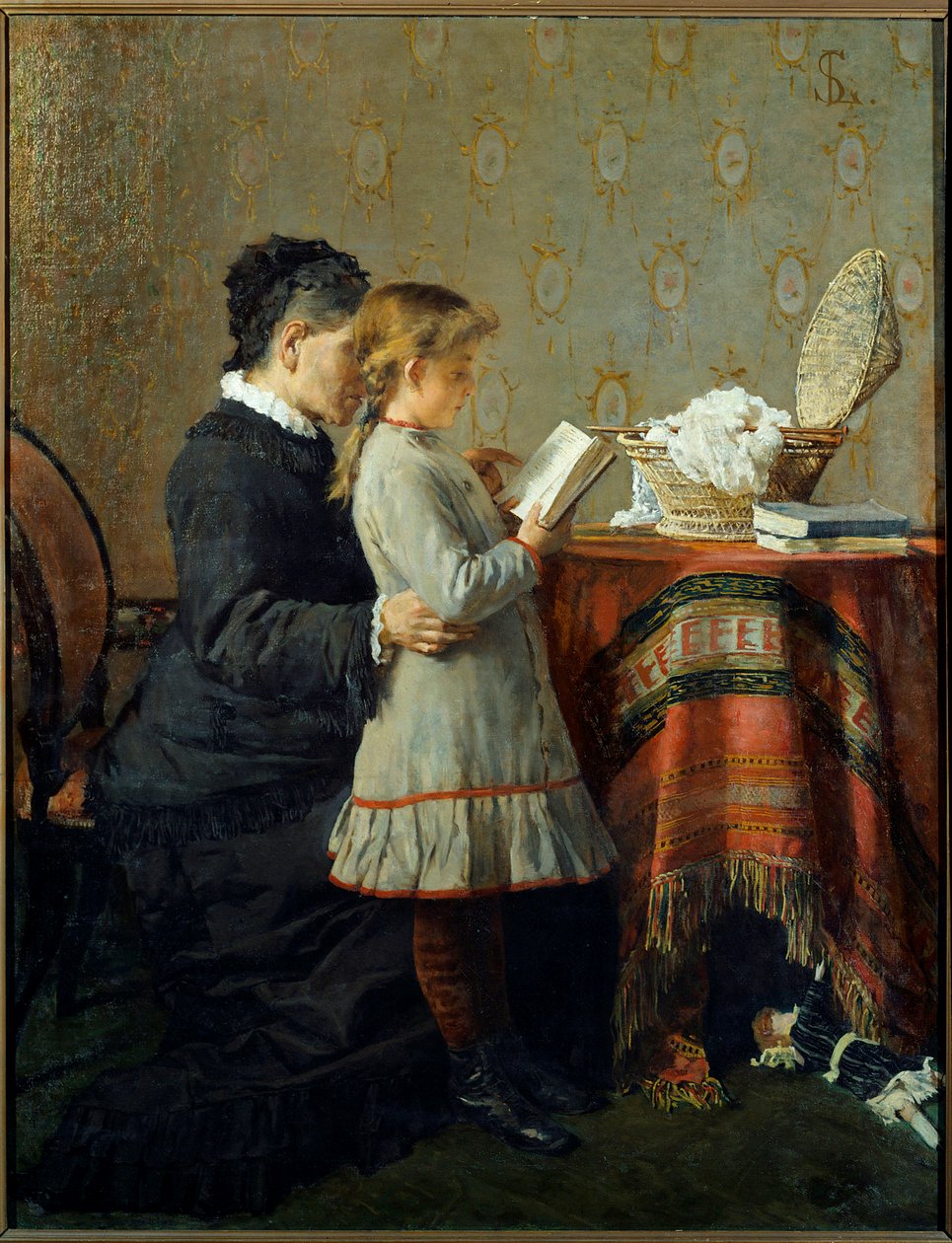 Läsläxa. En sjuksköterska lär sig läsa en liten flicka. Målning av Silvestro Lega (1826-1895) Ec. Ital av Silvestro Lega