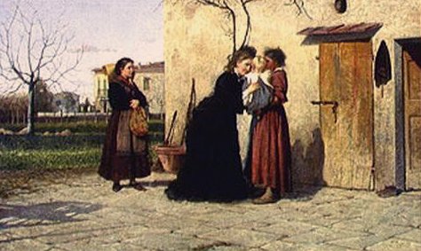Besöker den lilla flickan (olja på duk) av Silvestro Lega
