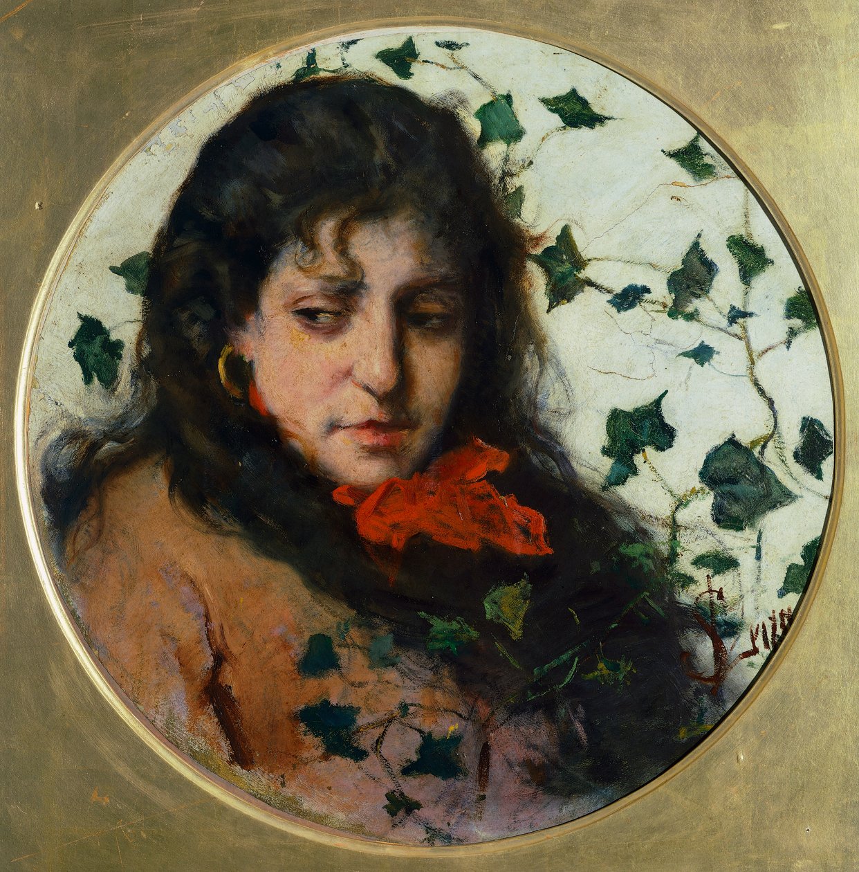 Kvinna med murgröna, av Silvestro Lega, olja på panel av Silvestro Lega