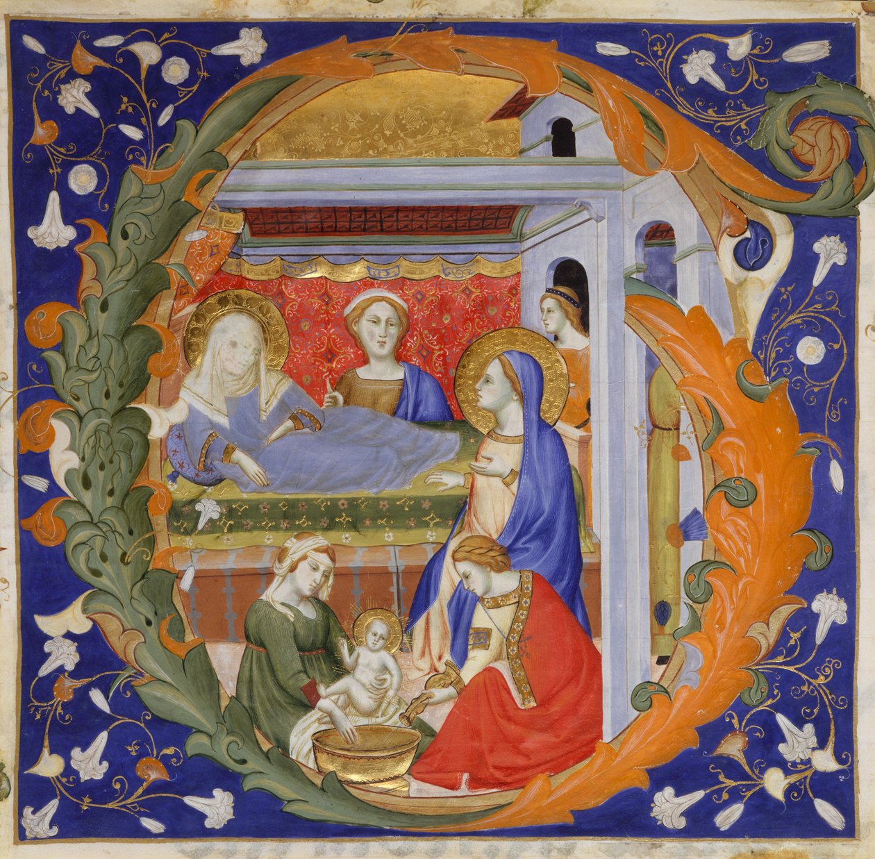Manuskriptbelysning med jungfruns födelse i ett initialt G, från en Gradual, ca. 1375. av Silvestro dei Gherarducci