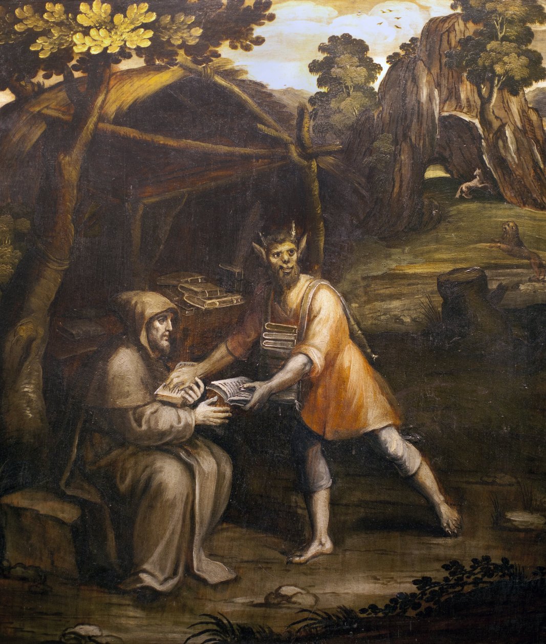 Djävulen tar de heliga böckerna och ersätter dem med världsliga böcker; Målning av Simao Rodrigues (1560-1629); (Djävulen tar de heliga böckerna och ersätter dem med sekulära böcker; målning av Simao Rodrigues av Simao Rodrigues