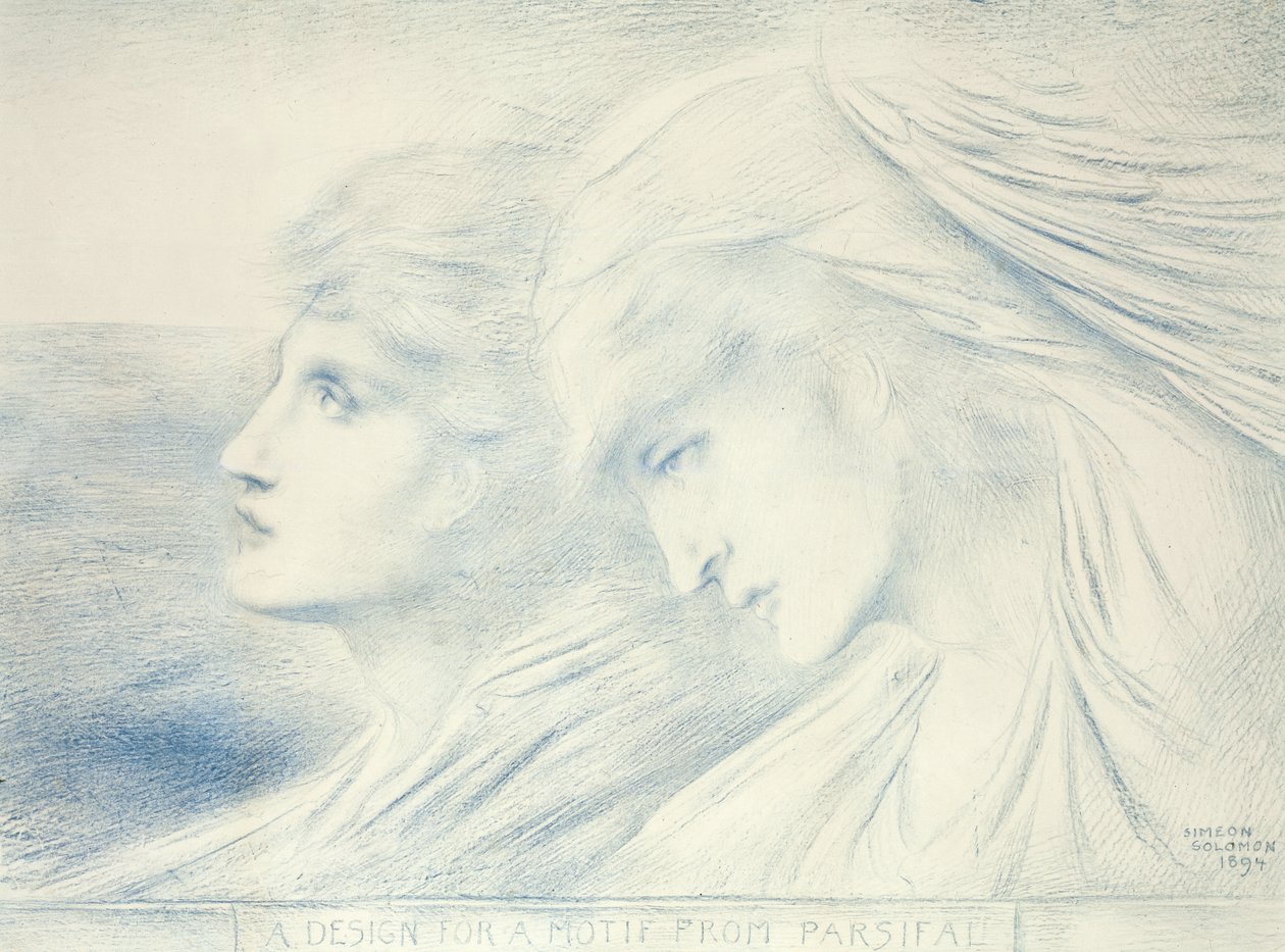 En design för ett motiv från Parsifal, 1894 (blå krita på papper) av Simeon Solomon