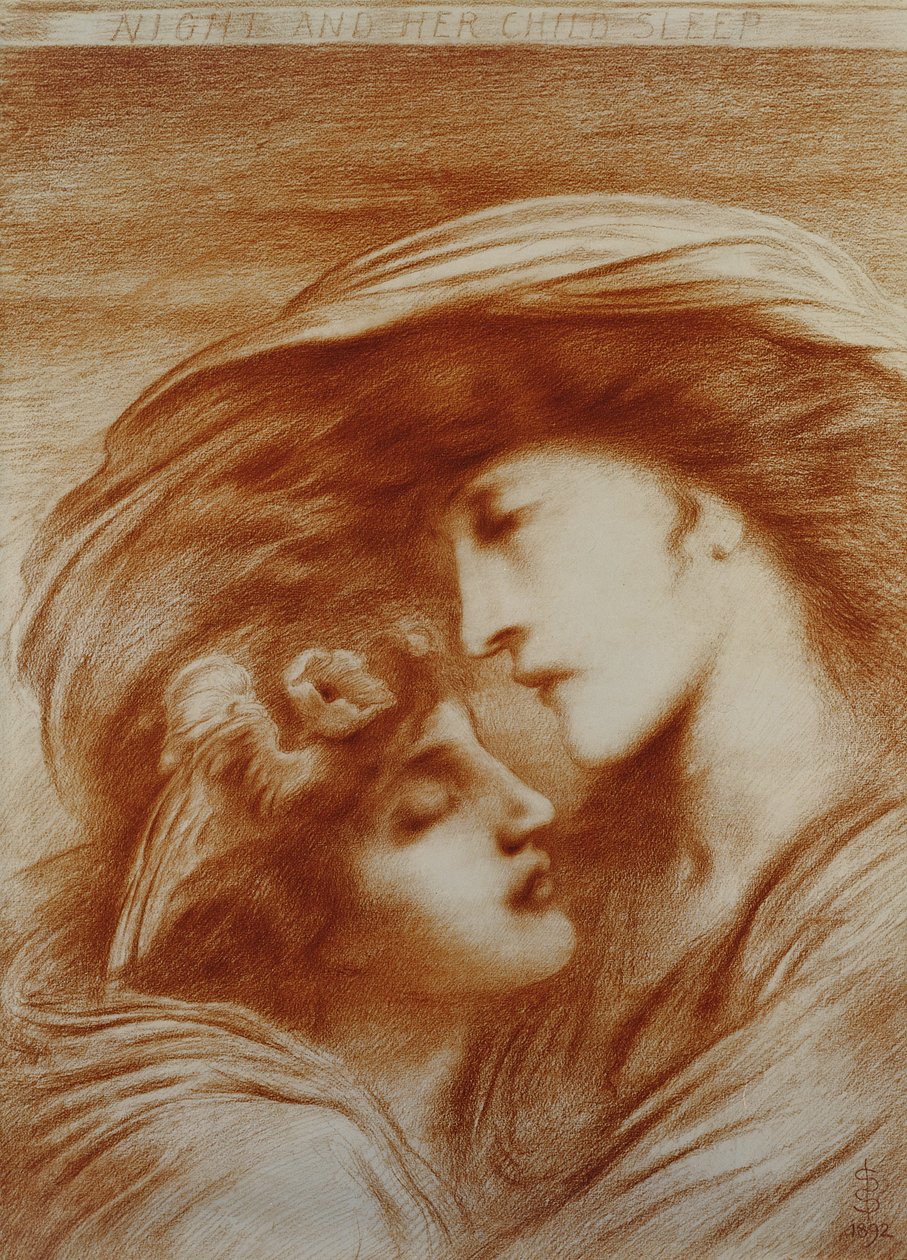 Natten och hennes barns sömn, 1892 (röd krita på papper) av Simeon Solomon