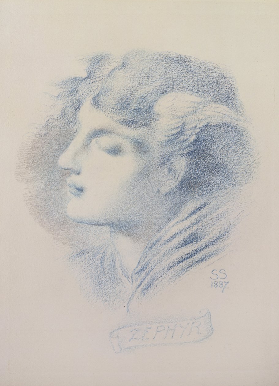 Zephyr, 1887 (blå krita och penna på papper) av Simeon Solomon