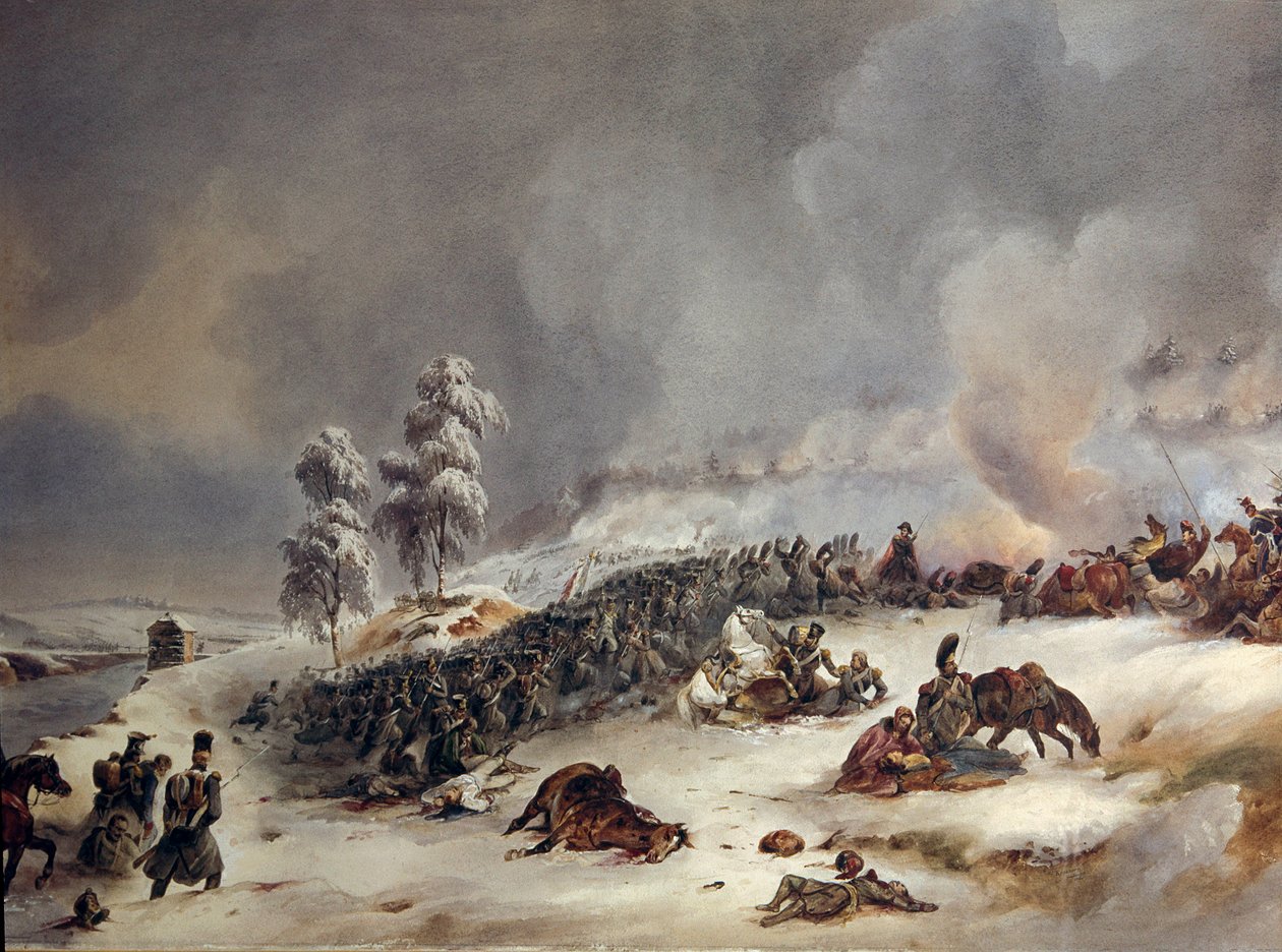 Pensionering från Ryssland 1812: ”” Ricard-divisionen i slaget vid Krasnoe den 18/11/1812, kl. 09.00.”” Akvarellmålning av Simeon Fort (1793-1861) Sön. 0,6x0,99 m. av Simeon Fort