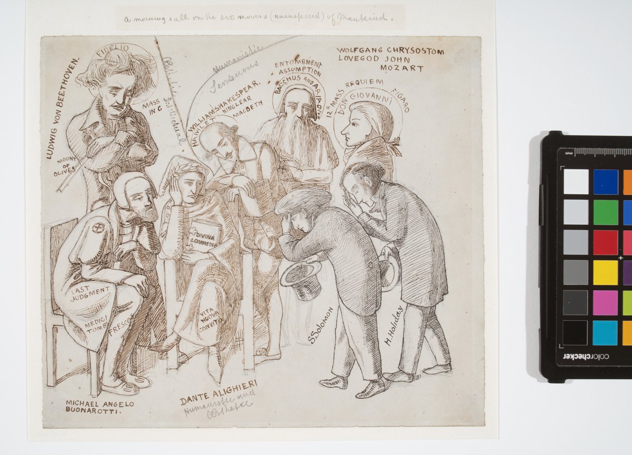 Simeon Solomons och Henry Holidays konstnärliga hjältar, ca 1856-57 (grafit, brunt och svart bläck på papper) av Simeon Solomon