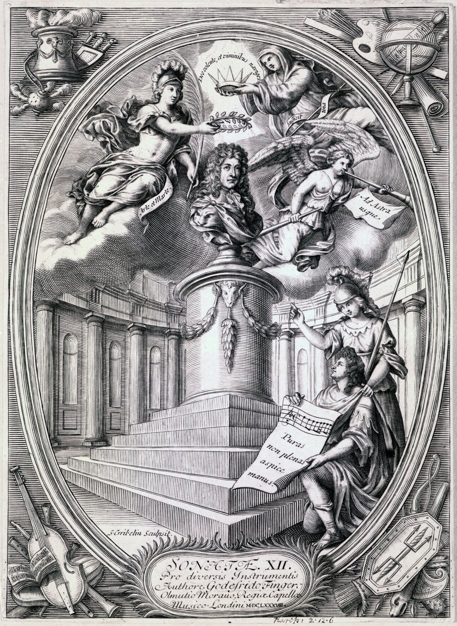 Dedikationsgravyr till Gottfried Finger, 1688 av Simon II Gribelin
