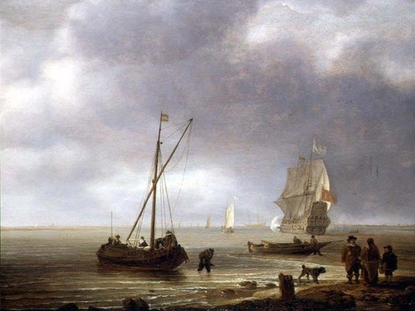 En fregatt som avfyrar en salut av Simon de Vlieger