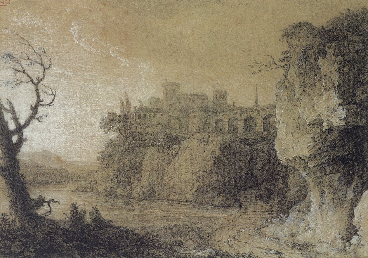 Landskap med en flod och befäst by (kol och vit krita på papper) av Simon Mathurin Lantara