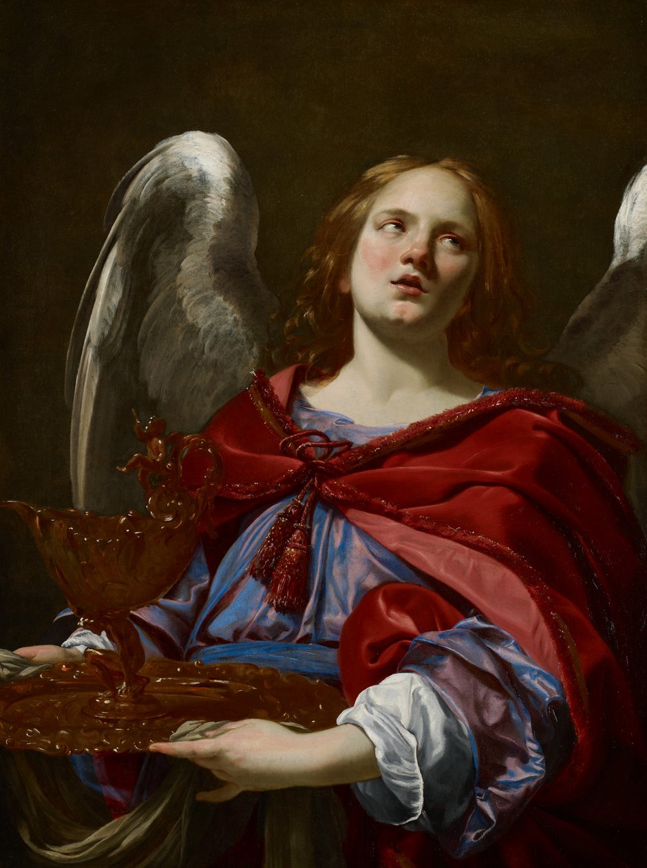 Änglar med passionens attribut: Ängel som håller i kärlet och handduken för att tvätta händerna på Pontius Pilatus, ca 1624 av Simon Vouet