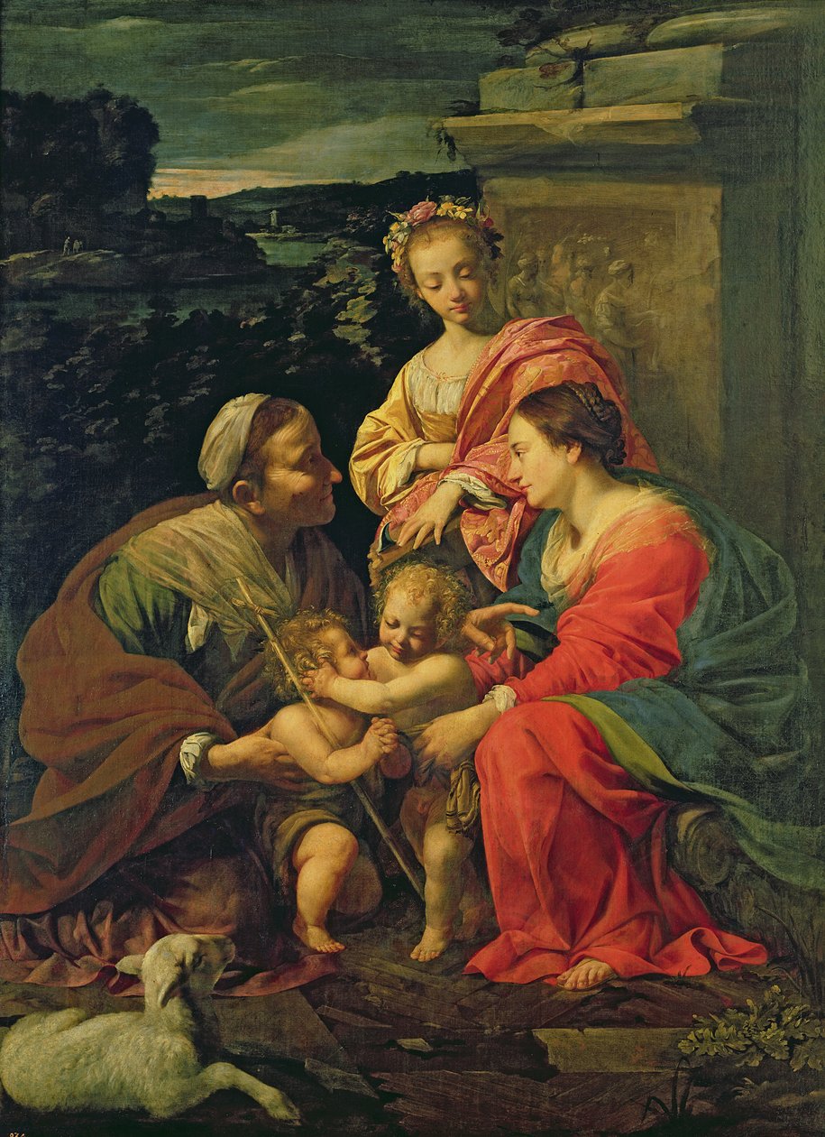Jungfrun och barnet med St. Elizabeth, spädbarnet St. John och St. Catherine, ca 1624-26 av Simon Vouet