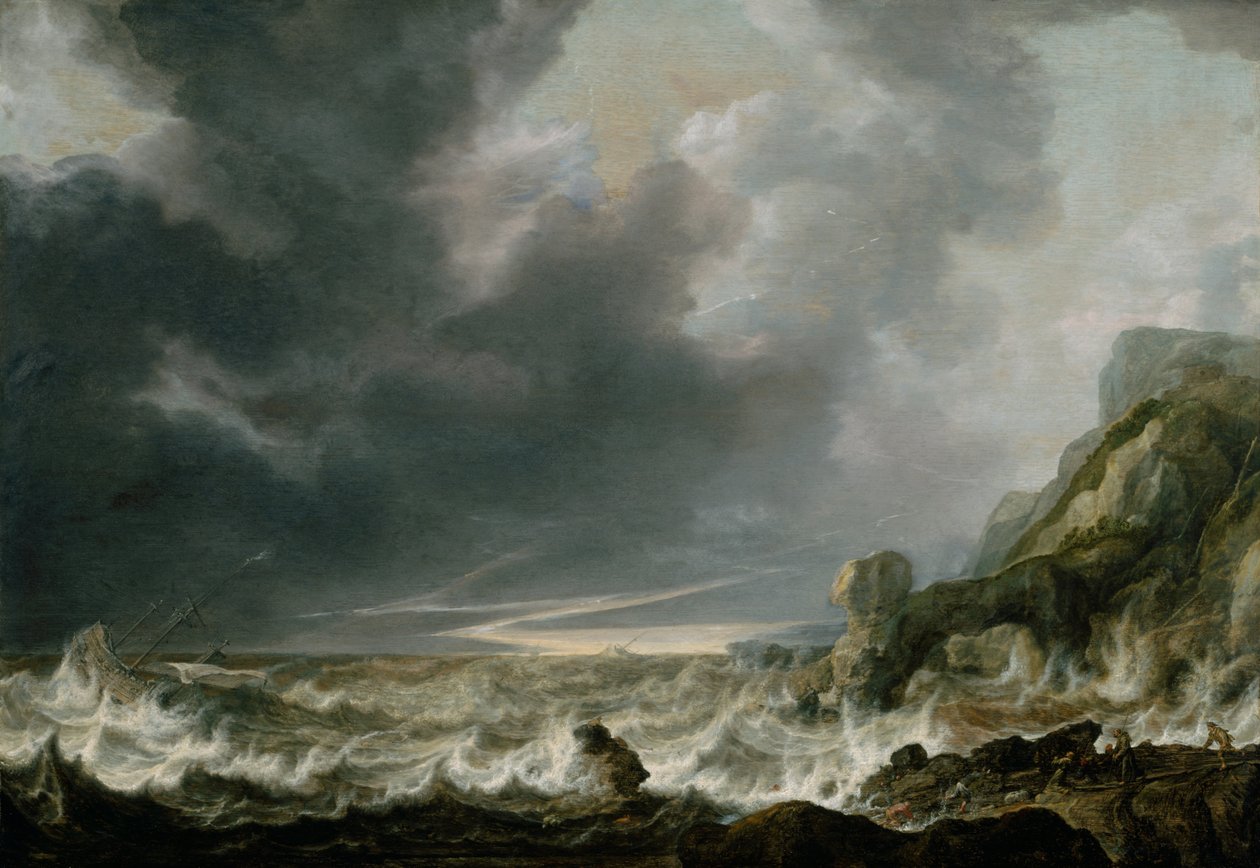 Ship in Distress off a Rocky Coast av Simon de Vlieger