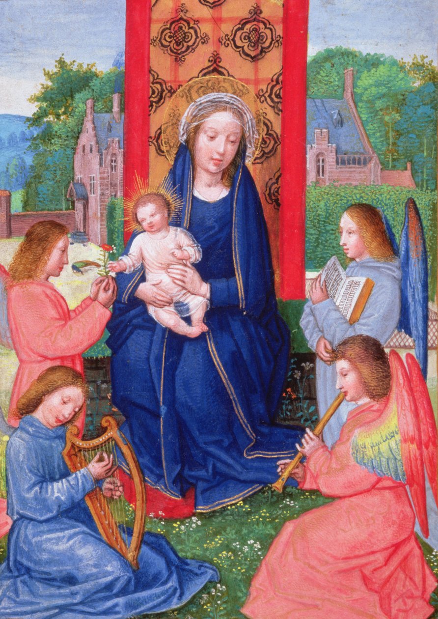 T.ex. 2125 f.157v Madonna och barn med änglar som spelar instrument, från The Hours of Joanna of Ghistelles, c.1516 (vellum) av Simon (attr. to) Bening
